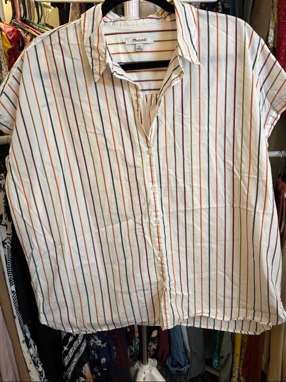 Madewell Cream Button-Up Shirt with Red, Orange and Navy Stripes